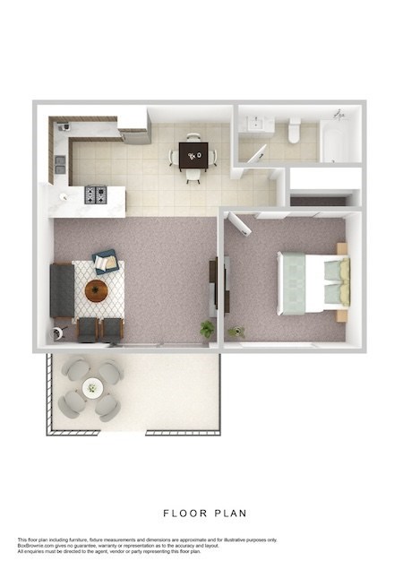 A floor plan of a room with furniture and appliances.
